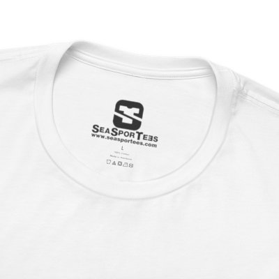 Close-up of the inner neck detail on a white SeaSportees t-shirt displaying the custom printed logo label, website URL, size L, and care icons.