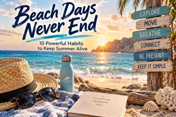 Beach scene at sunset with the title Beach Days Never End and summer habits