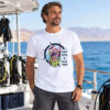 Funny scuba diving shirt featuring skull diver in mask and snorkel with compass emblem design, white tee
