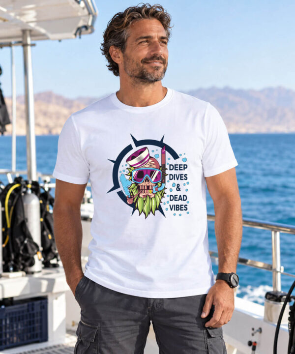 Funny scuba diving shirt featuring skull diver in mask and snorkel with compass emblem design, white tee