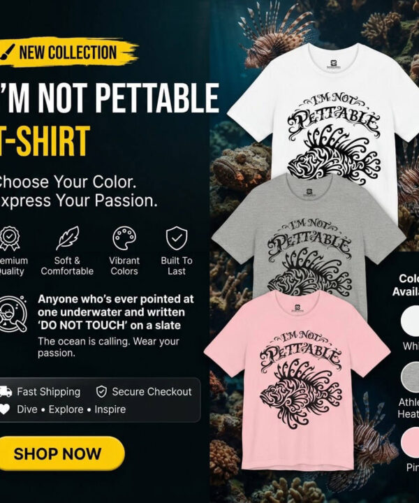 I'm Not Pettable lionfish diving shirt – tribal blackwork Pterois design on athletic heather crew-neck tee – Seasportees