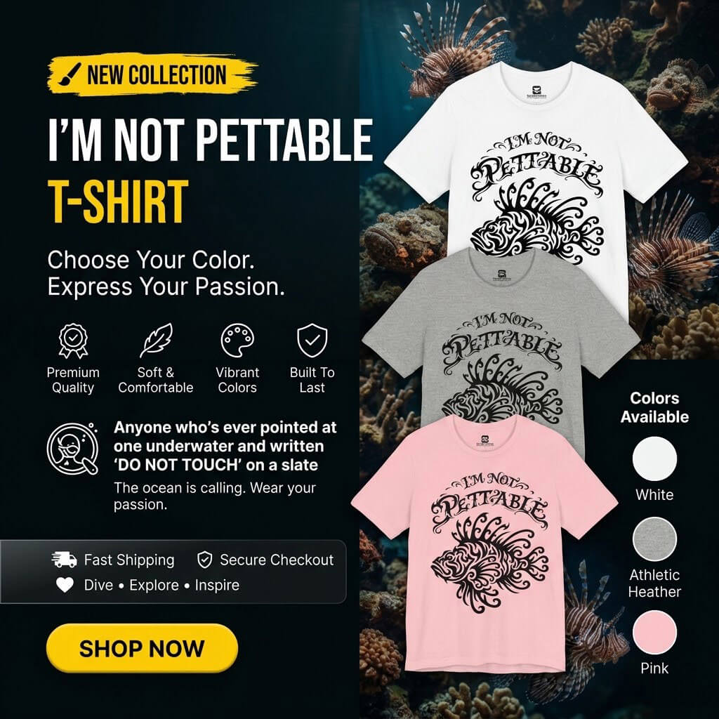 I'm Not Pettable lionfish diving shirt – tribal blackwork Pterois design on athletic heather crew-neck tee – Seasportees
