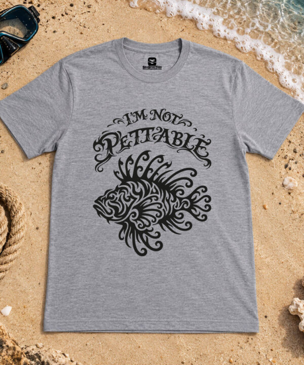 I'm Not Pettable lionfish diving shirt – tribal blackwork Pterois design on athletic heather crew-neck tee – Seasportees