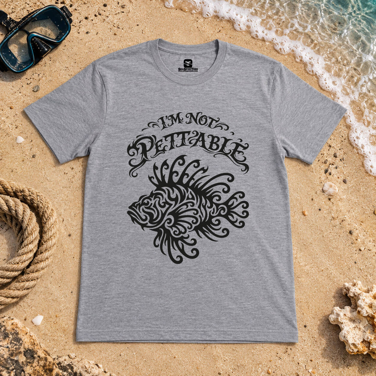 I'm Not Pettable lionfish diving shirt – tribal blackwork Pterois design on athletic heather crew-neck tee – Seasportees