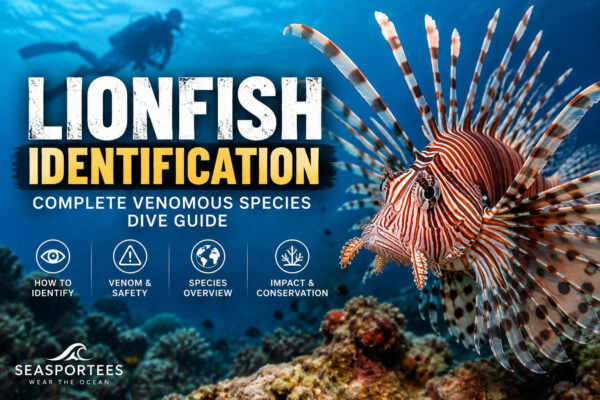 Lionfish Identification: Complete Venomous Species Dive Guide graphic featuring a closeup of a lionfish and a scuba diver in the background.
