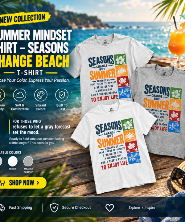 SEASPORTEES Summer Mindset “Seasons Change” T-shirt in Ash, White, and Athletic Heather displayed on a sunny beach deck