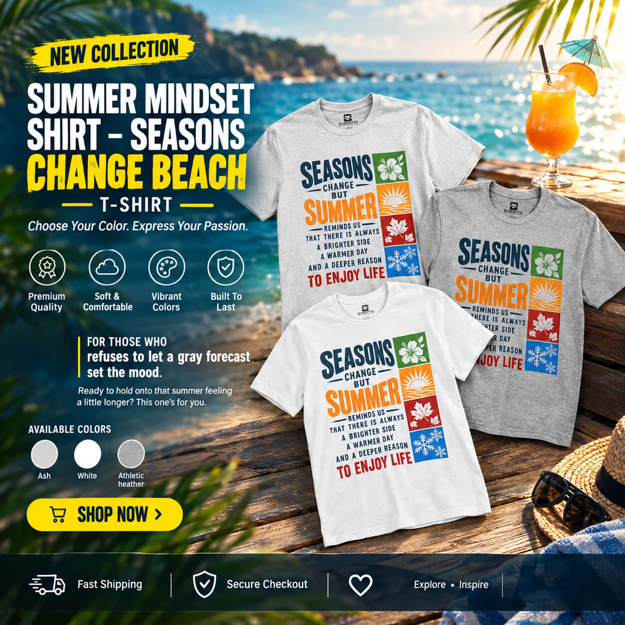 SEASPORTEES Summer Mindset “Seasons Change” T-shirt in Ash, White, and Athletic Heather displayed on a sunny beach deck
