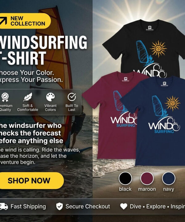 Seasportees Windsurfing T-Shirt promotional banner featuring black, maroon, and navy color variations against a beach and windsurfing background with a Shop Now button.