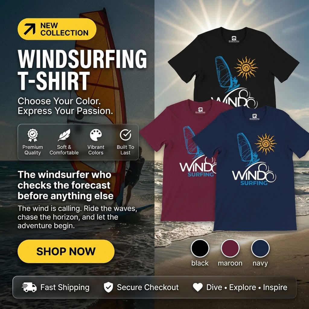 Seasportees Windsurfing T-Shirt promotional banner featuring black, maroon, and navy color variations against a beach and windsurfing background with a Shop Now button.