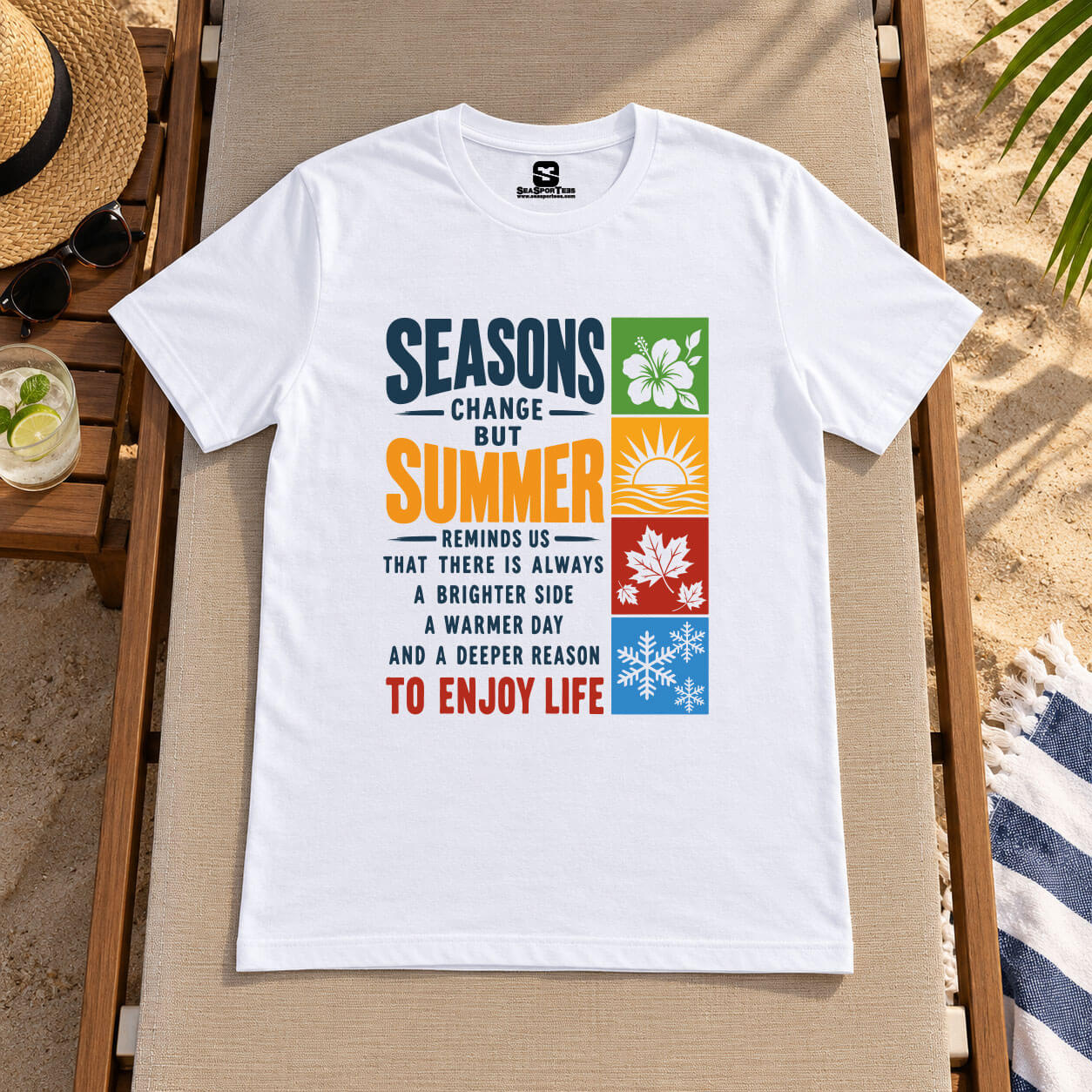 Summer Mindset Shirt – white unisex tee with Seasons Change Summer quote and four-season icon design, S-5XL