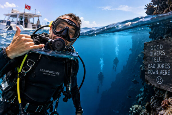 Scuba diver joking about the deep ocean while exploring a reef wall
