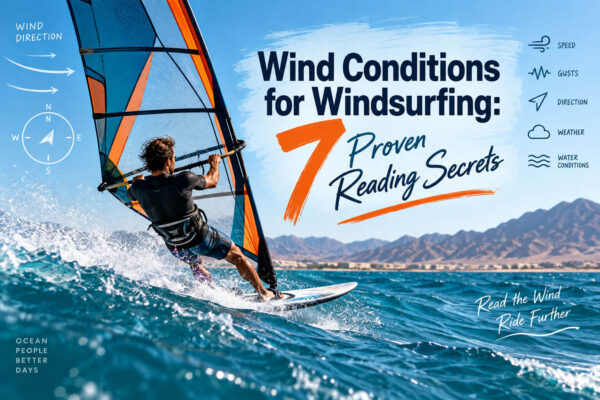 Wind conditions for windsurfing with a windsurfer riding waves while reading wind direction, gusts, and water conditions.