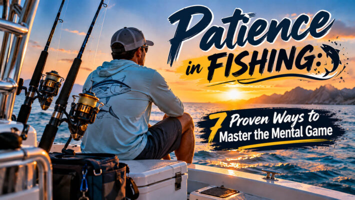 Patience in Fishing: angler watching the sunset at sea with fishing rods and text highlighting 7 ways to master the mental game.