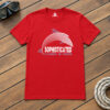 Red dolphin t-shirt with white arcs of a leaping dolphin, light blue spray and SOPHISTICATED lettering