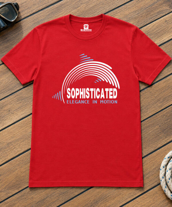 Red dolphin t-shirt with white arcs of a leaping dolphin, light blue spray and SOPHISTICATED lettering