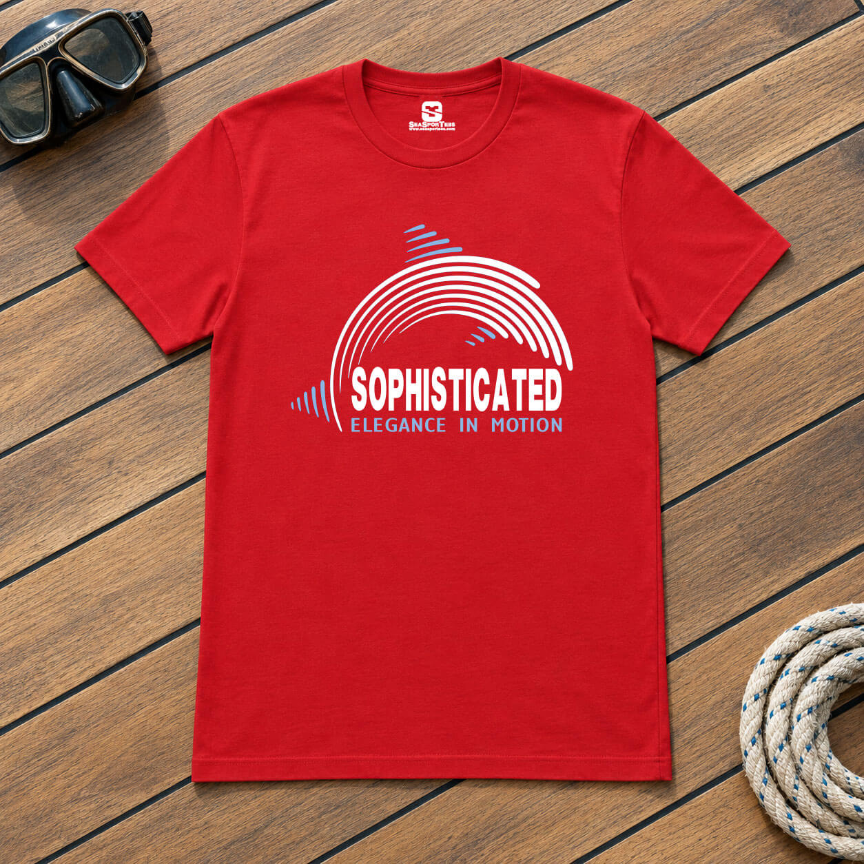 Red dolphin t-shirt with white arcs of a leaping dolphin, light blue spray and SOPHISTICATED lettering