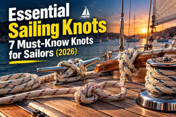 Essential Sailing Knots guide cover showing 7 must-know knots secured to boat deck hardware, cleats, and winches at sunset