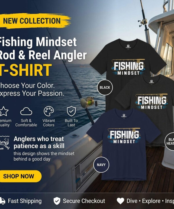 Fishing Mindset Rod & Reel Angler T-shirt banner showing black, black heather, and navy color options displayed on a boat backdrop.