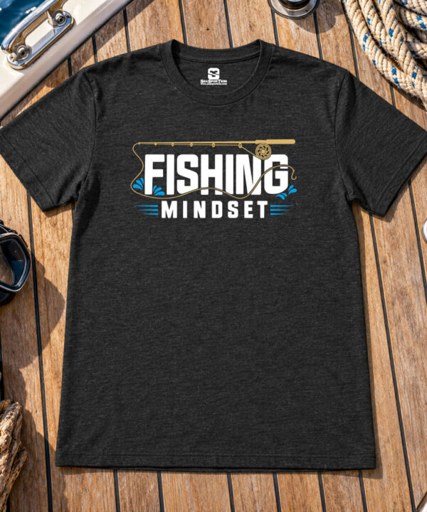 Black Fishing Mindset T-Shirt with white FISHING MINDSET lettering, gold fishing rod and reel, and blue water splashes