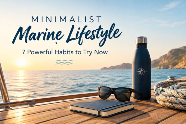 Minimalist marine lifestyle featuring a calm ocean at sunset, a navy reusable bottle, sunglasses, a journal, and nautical rope on a wooden yacht deck.