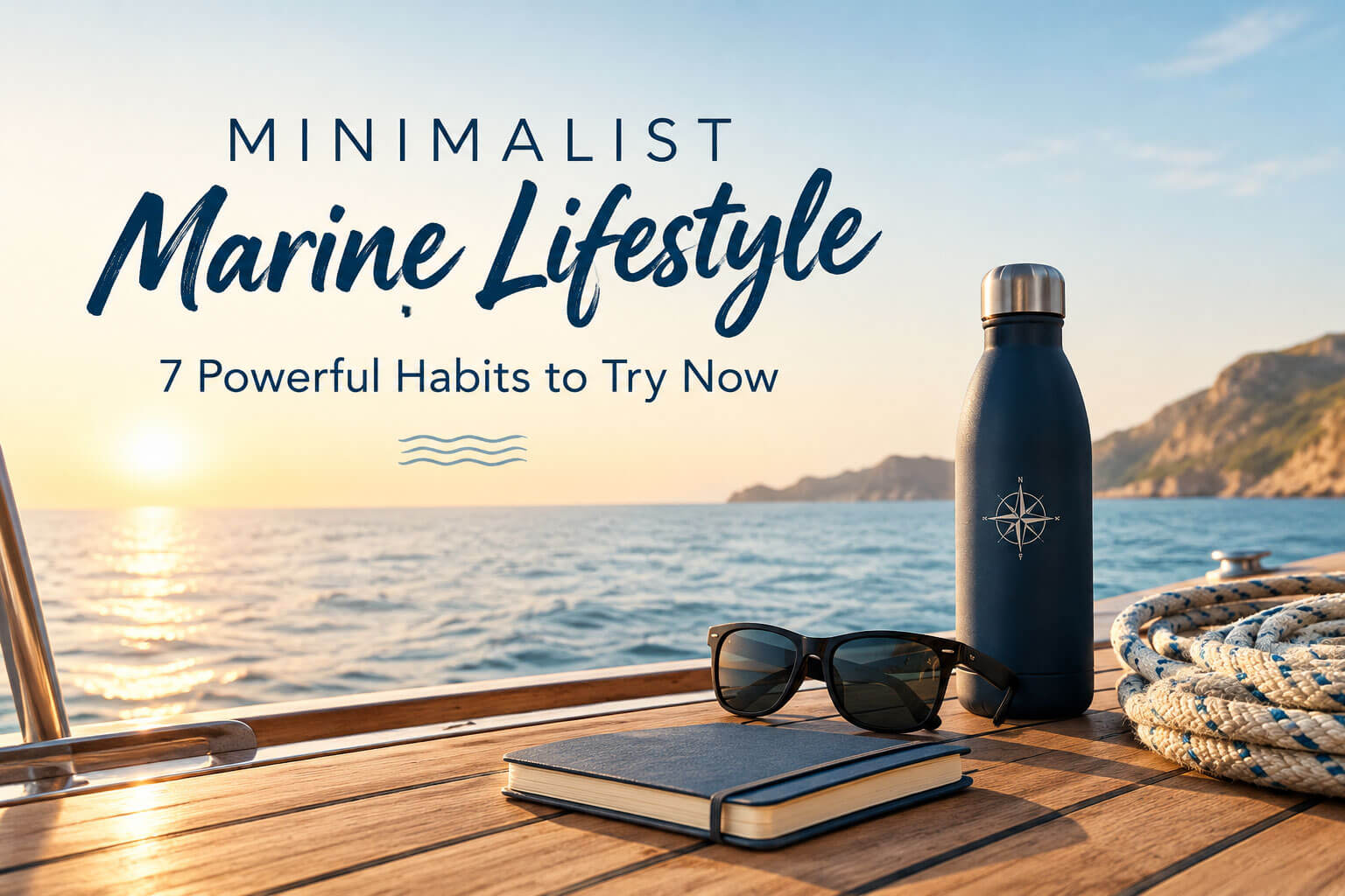 Minimalist marine lifestyle featuring a calm ocean at sunset, a navy reusable bottle, sunglasses, a journal, and nautical rope on a wooden yacht deck.