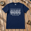Navy Seasportees nautical knot t-shirt with white rope-textured NAUTICAL anchor lettering on a weathered wooden deck