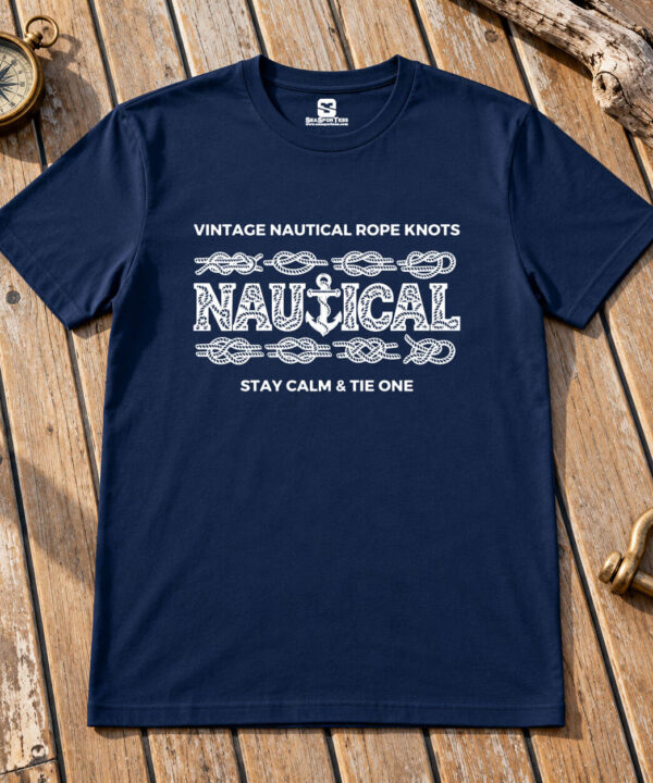 Navy Seasportees nautical knot t-shirt with white rope-textured NAUTICAL anchor lettering on a weathered wooden deck